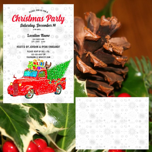 Fun Red Truck White Snow Tree Lights Xmas Party Einladung (Von Creator hochgeladen)