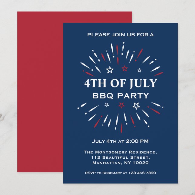 Fun Red White Blue 4. Juli GRILLEN Party Feuerwerk Einladung (Vorne/Hinten)