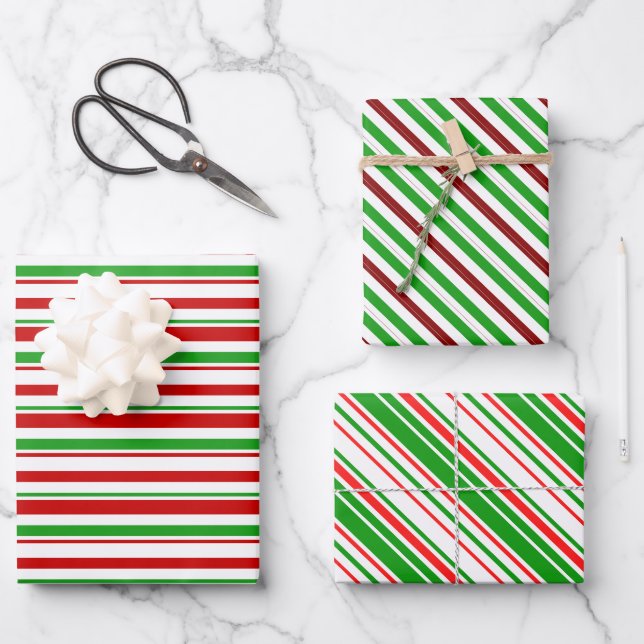 Fun Red, White, Green Christmas Inspiriert Lines Geschenkpapier Set (Vorderseite)