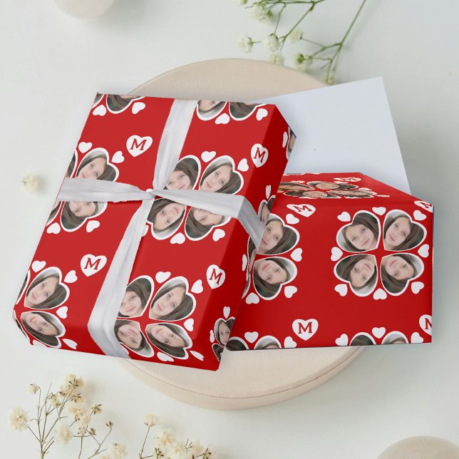 Fun Red White Heart Vierblättriges Kleeblatt Foto  Geschenkpapier (Von Creator hochgeladen)