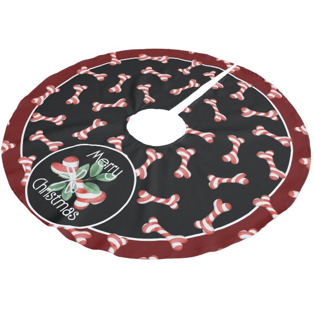 Fun Red & White Strick Dog Bone Weihnachtsmuster Polyester Weihnachtsbaumdecke (Schrägansicht)
