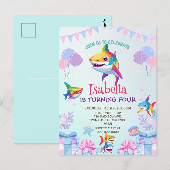 Fun Regenbogenhai Geburtstagsballon Party Familie Postkarte (Vorne/Hinten)