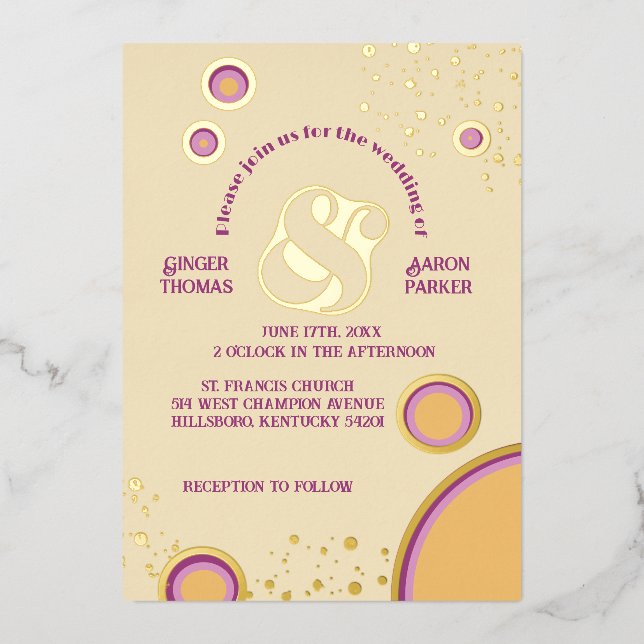 Fun Retro 70er Groovy Circles Wedding Gold Folieneinladung (Vorderseite)