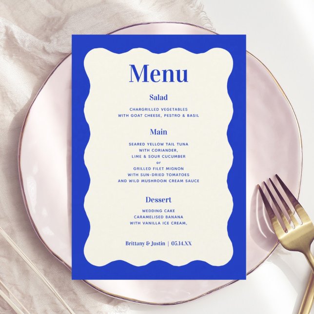 Fun Retro Blue Modern Wavy Wedding Menu Cards Menükarte (Von Creator hochgeladen)
