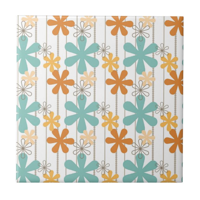 Fun Retro Blumenmuster Orange Blue Wall Blume Fliese (Vorderseite)