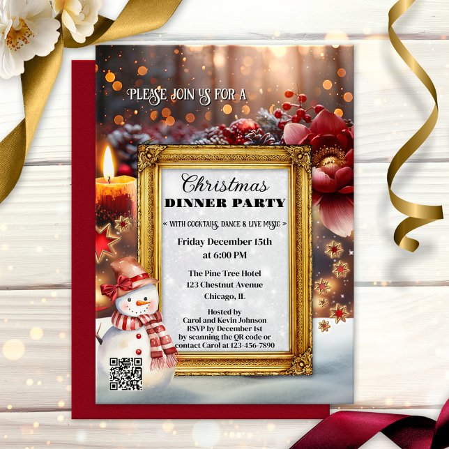 Fun Retro Chic Christmas Party Einladung (Fun whimsical Christmas dinner party invitation featuring seasonal illustrations)