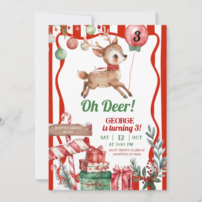 Fun Retro Christmas Deer Birthday Invitation Einladung (Vorderseite)