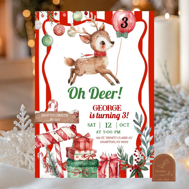 Fun Retro Christmas Deer Birthday Invitation Einladung (Von Creator hochgeladen)