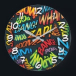 Fun Retro Comic Book Pop Art Sounds Große Wanduhr<br><div class="desc">Fun trendy superhero comic book pop clocks that are sure to add a splash of colour to a range of rooms around your home or office. An ideal way to treat yourself or someone that you know with these cool, unique comic con designer clocks. Why not add some zap pow...</div>