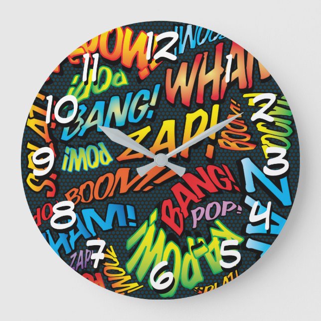 Fun Retro Comic Book Pop Art Sounds Große Wanduhr (Vorderseite)