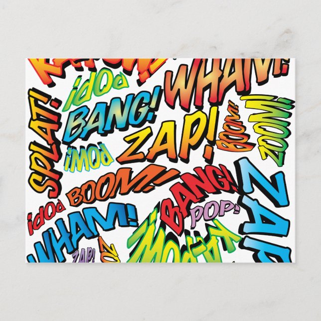 Fun Retro Comic Buch Pop Art Sounds Ankündigungspostkarte (Vorderseite)