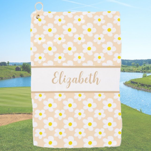 Fun Retro Daisis peach floral individuelle Name La Golfhandtuch (Von Creator hochgeladen)