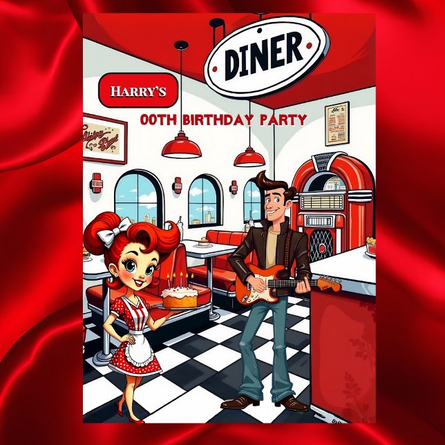 Fun Retro Diner Birthday Party Red White Rocker Einladung (Von Creator hochgeladen)