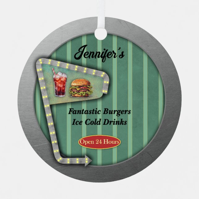 Fun Retro Diner Sign Ornament Aus Metall (Vorderseite)