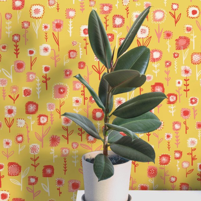 Fun Retro Gelbes Blumenmuster Tapete (Retro yellow and pink floral ditsy fun peel and stick wallpaper)