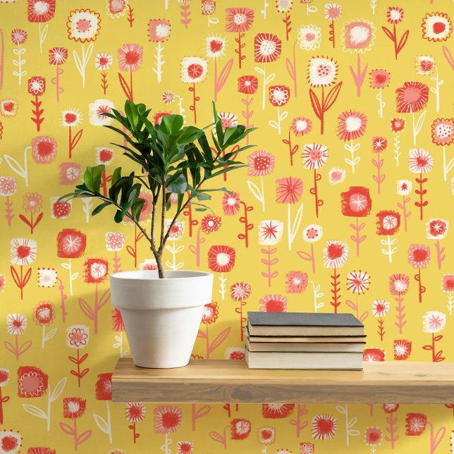Fun Retro Gelbes Blumenmuster Tapete (Retro yellow and pink floral ditsy fun peel and stick wallpaper)