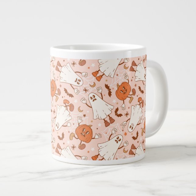 Fun Retro Ghost & Jack-O-Lantern Muster Jumbo-Tasse (Vorderseite Rechts)