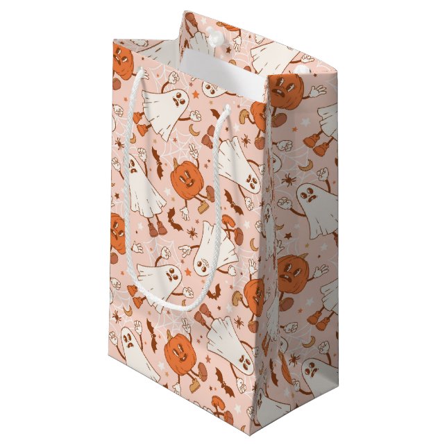 Fun Retro Ghost & Jack-O-Lantern Muster Kleine Geschenktüte (Vorderseite Schrägansicht)
