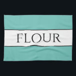 Fun Retro Leichte Aquamarine Schwarz-weiße BLUMENT Geschirrtuch<br><div class="desc">Dieses bunte Küchentisch-Design zeichnet sich durch FLOUR-Text in einem weitläufigen,  weißen Mittelstreifen aus,  der mit schwarzen Nadelstreifen gegen aquamarine Aqua-Außenstreifen markiert ist. Der Text kann personalisiert sein.</div>