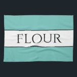 Fun Retro Leichte Aquamarine Schwarz-weiße BLUMENT Geschirrtuch<br><div class="desc">Dieses bunte Küchentisch-Design zeichnet sich durch FLOUR-Text in einem weitläufigen,  weißen Mittelstreifen aus,  der mit schwarzen Nadelstreifen gegen aquamarine Aqua-Außenstreifen markiert ist. Der Text kann personalisiert sein.</div>