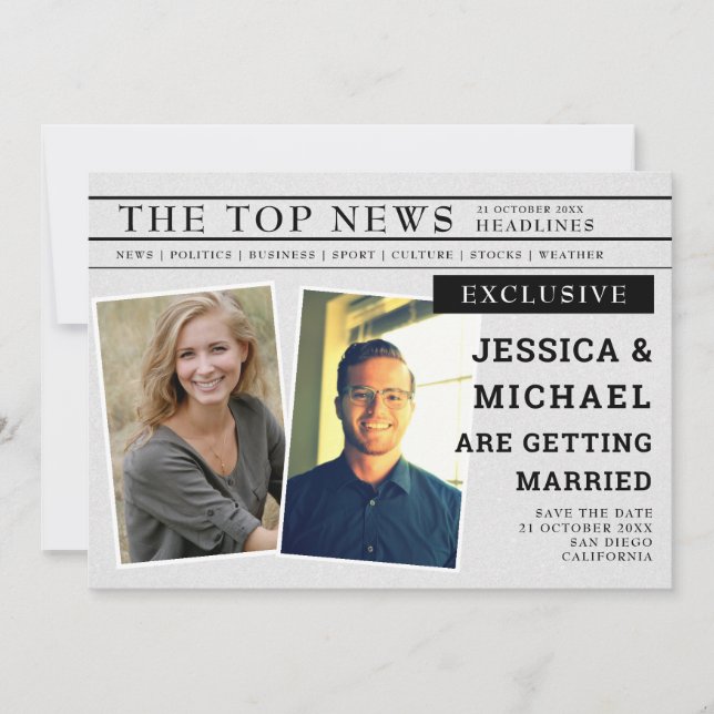 Fun Retro Newspaper Einzigartiges Foto für Schlagz Save The Date (Vorderseite)