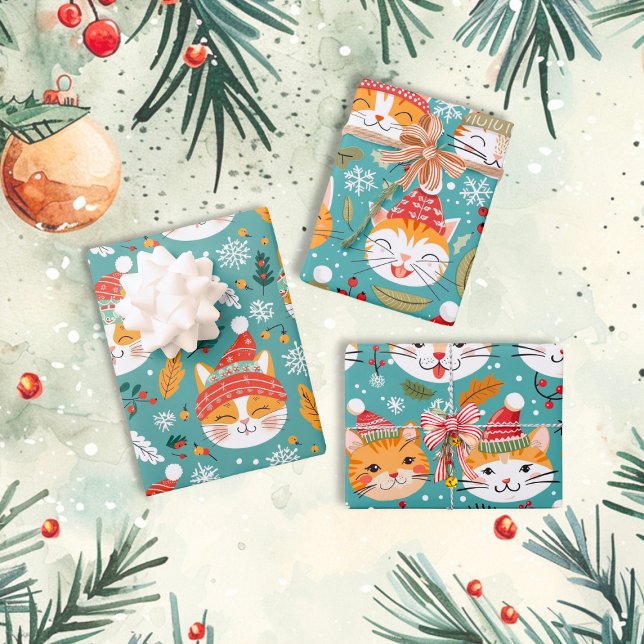 Fun Retro Orange Katzen Weihnachten Geschenkpapier Set (Fun Retro Orange Christmas Cats wrapping paper sheets)