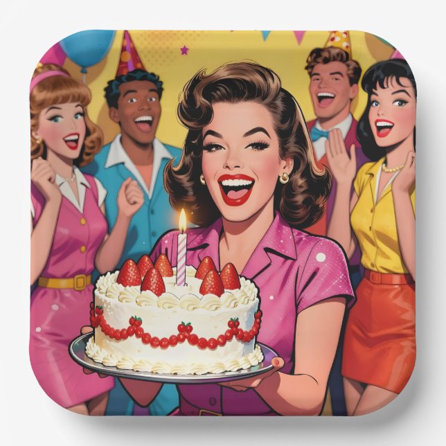Fun Retro Pop Art Comic Mid-Century Birthday Pappteller (Vorderseite)