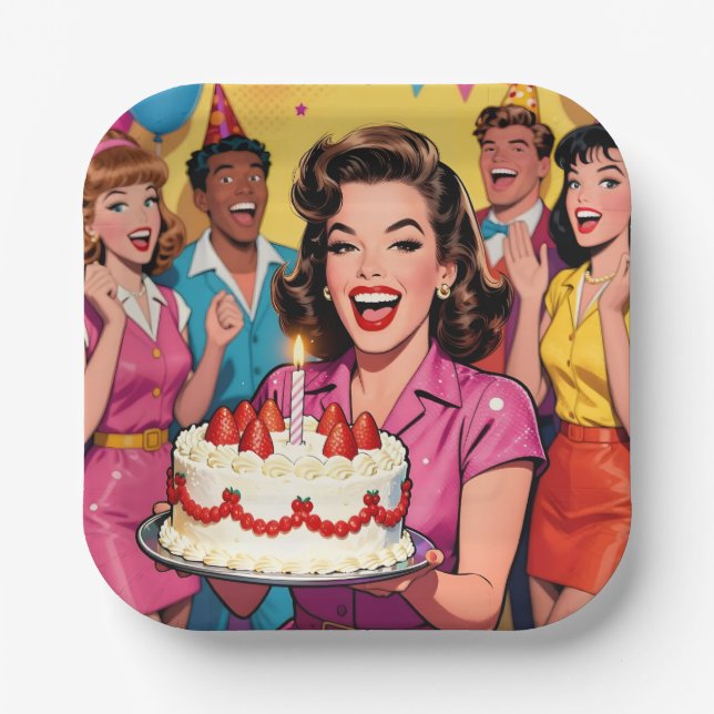 Fun Retro Pop Art Comic Mid-Century Birthday Pappteller (Vorderseite)