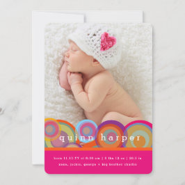 Fun Retro Rainbow Circles Baby Girl Foto Birth Feiertagskarte