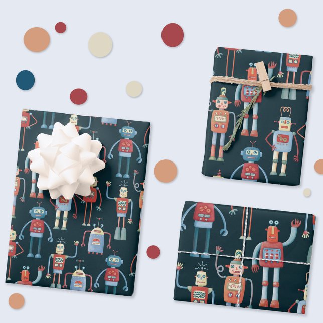 Fun Retro Roboter Niedlich dunkel Geschenkpapier Set (Fun robot wrapping paper)