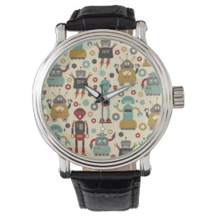 Fun Retro Robots Illustriertes Muster (Cream) Armbanduhr
