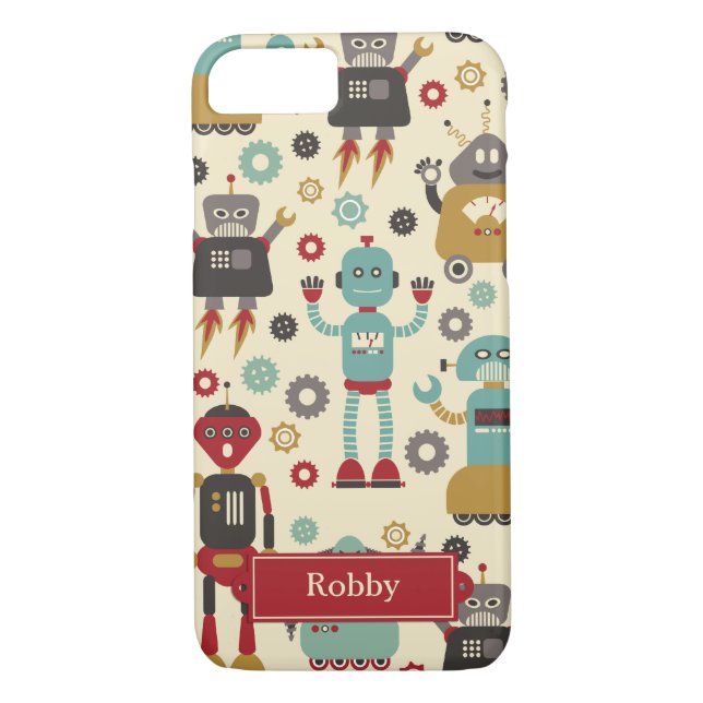 Fun Retro Robots Illustriertes Muster (Cream) Case-Mate iPhone Hülle (Rückseite)