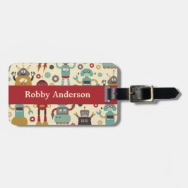 Fun Retro Robots Illustriertes Muster (Cream) Gepäckanhänger