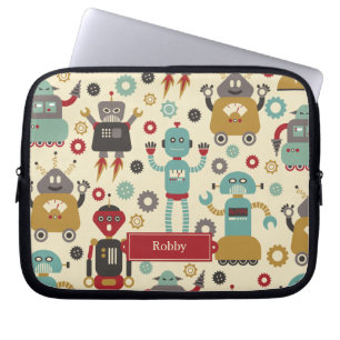 Fun Retro Robots Illustriertes Muster (Cream) Laptopschutzhülle