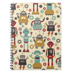 Fun Retro Robots Illustriertes Muster (Cream) Notizblock