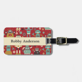 Fun Retro Robots Illustriertes Muster (rot) Gepäckanhänger