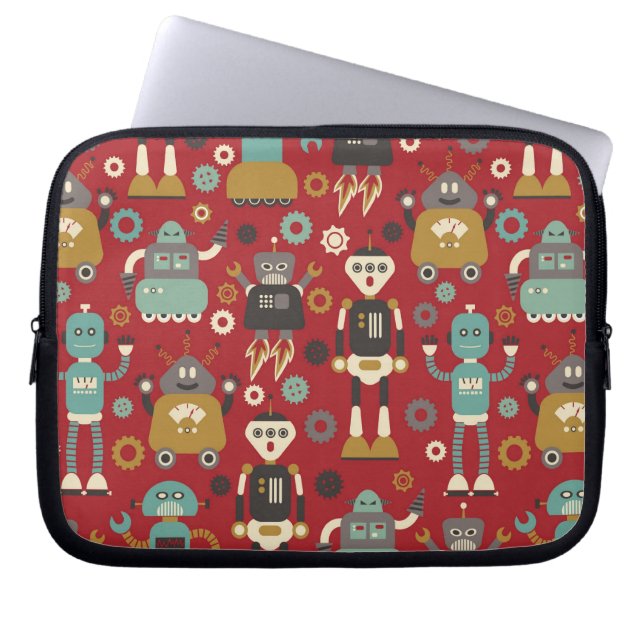Fun Retro Robots Illustriertes Muster (rot) Laptopschutzhülle (Vorderseite)