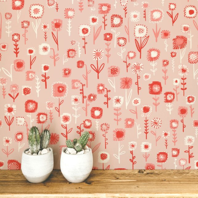Fun Retro Rosa Blumenmuster Tapete (Retro pink floral ditsy fun peel and stick wallpaper)
