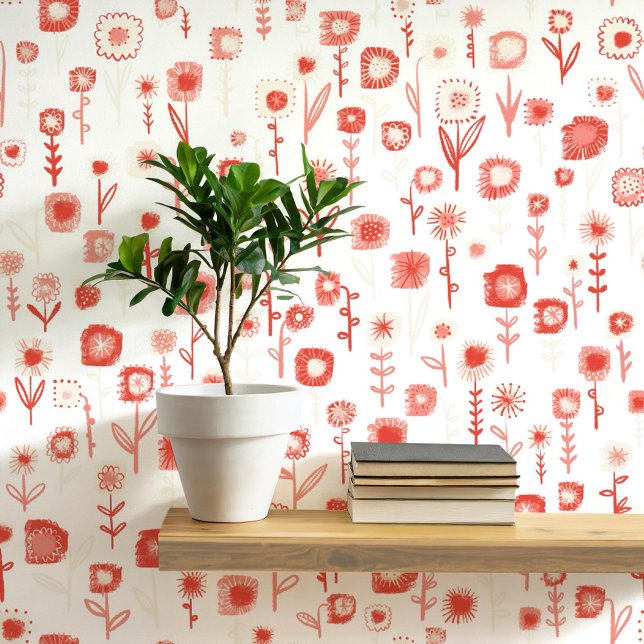 Fun Retro rosa und weißes Blumenmuster Tapete (Retro groovy floral pink and white wildflower pattern peel and stick wallpaper)