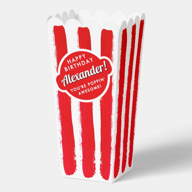 Fun Retro Rot und Weiß Streifen Popcorn Name Kino Geschenkschachtel (Rückseite)
