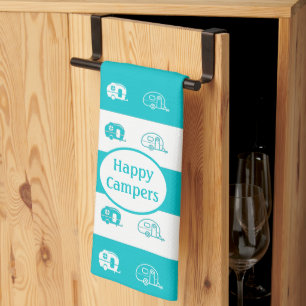 Fun Retro RV Happy Campers in Aqua und White Geschirrtuch