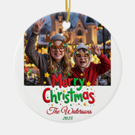 Fun Retro Script Merry Christmas Letterpress Photo Keramik Ornament