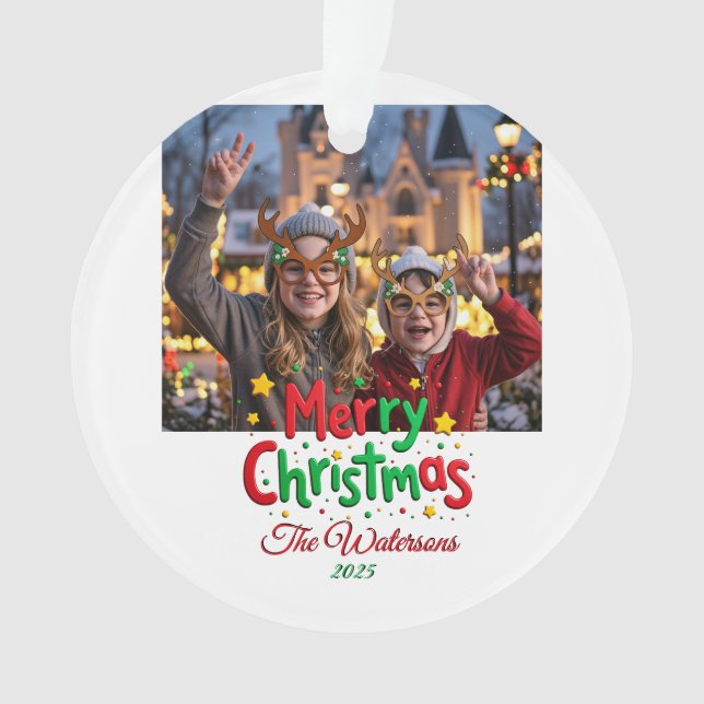 Fun Retro Script Merry Christmas Letterpress Photo Ornament (Vorderseite)