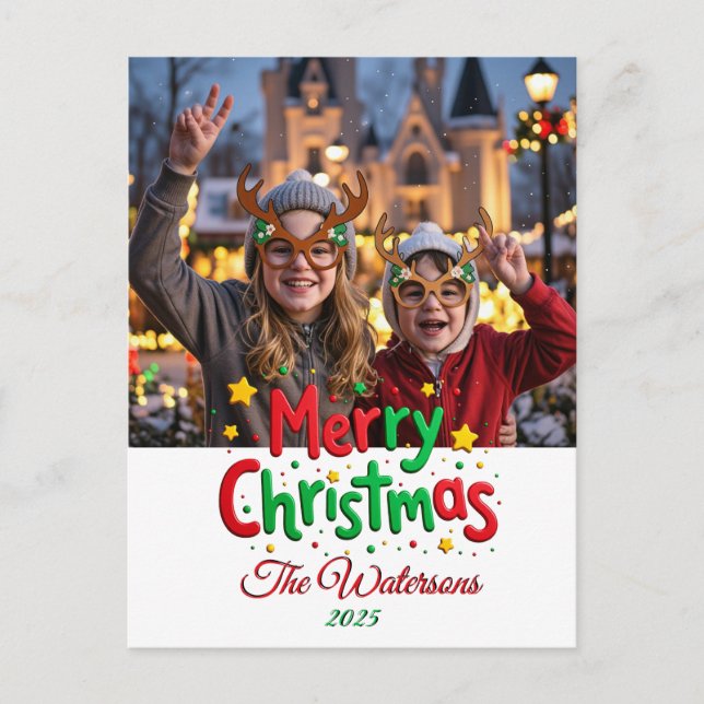 Fun Retro Script Merry Christmas Letterpress Photo Postkarte (Vorderseite)