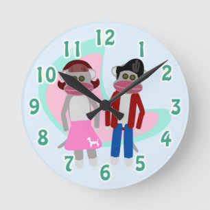 Fun Retro Sock Hop Monkey Cartoon Characters Runde Wanduhr