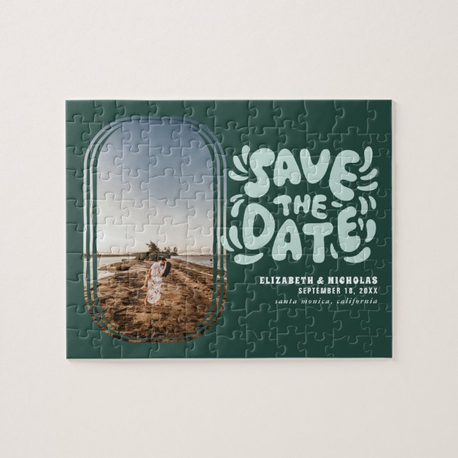 Fun Retro Typografy Foto Hochzeit Speichern Sie da Puzzle (Horizontal)