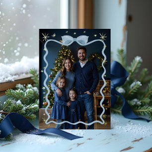 Fun Retro Wavy Blue Ribbon & Stars Foto Weihnachte Folien Feiertagskarte