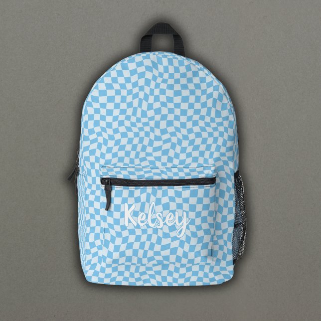 Fun Retro Wavy Karo Blue Monogram Name Bedruckter Rucksack (Von Creator hochgeladen)