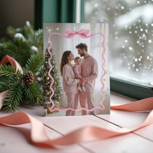 Fun Retro Wavy Pink Ribbon & Stars Foto Weihnachte Folien Feiertagskarte