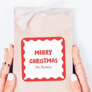 Fun Retro Wavy Red und White Custom Chic Weihnacht Quadratischer Aufkleber